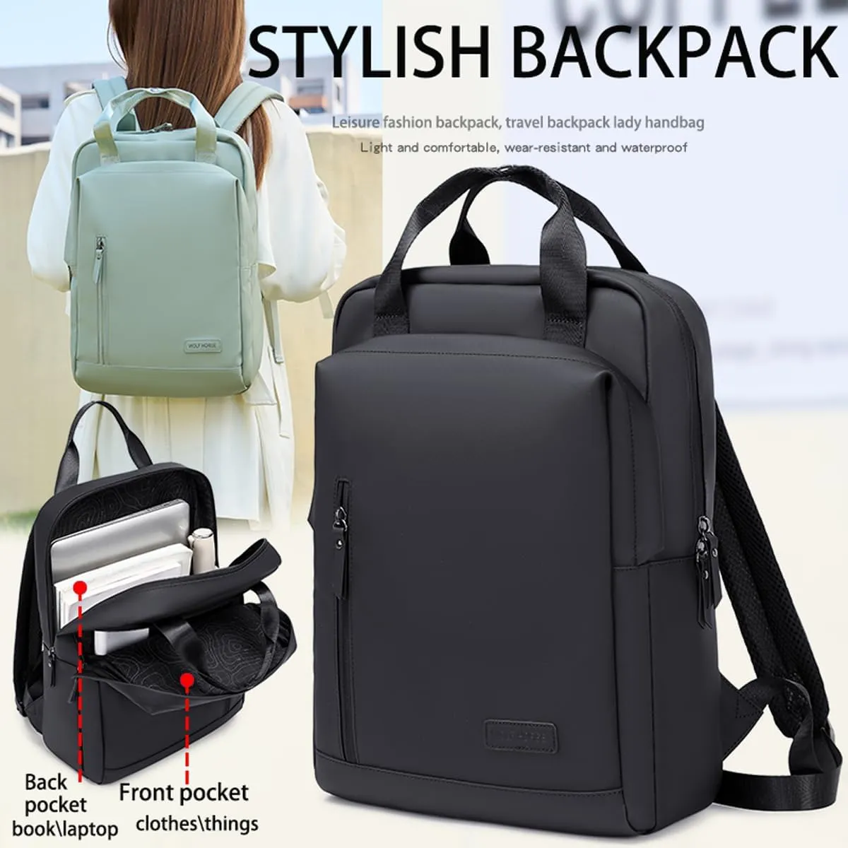 Lightweight Waterproof Travel Backpack for Women  0.6KG, 15-Inch Laptop Compartment, Anti-Theft Design, Durable & Stylish (Pink/Green/Black)