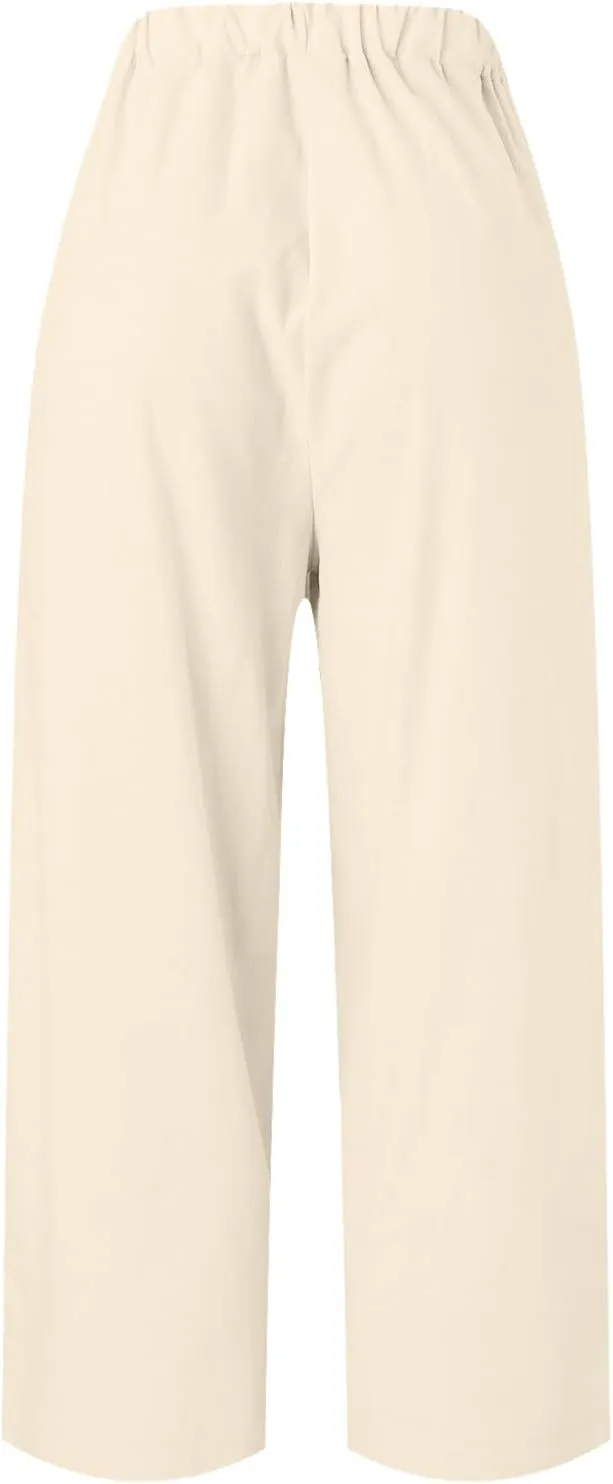 Linen Pants for Women Lightweight Casual Loose High Waist Straight Legs Trousers Summer Beach Yoga Pants with Pockets