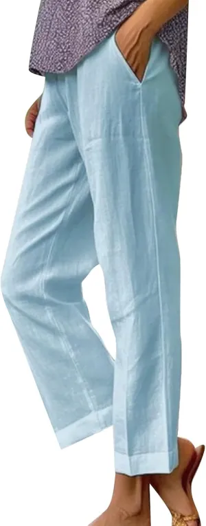 Linen Pants for Women Lightweight Casual Loose High Waist Straight Legs Trousers Summer Beach Yoga Pants with Pockets