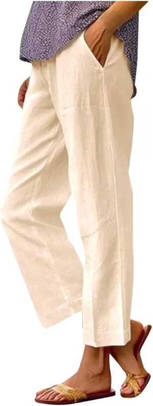 Linen Pants for Women Lightweight Casual Loose High Waist Straight Legs Trousers Summer Beach Yoga Pants with Pockets