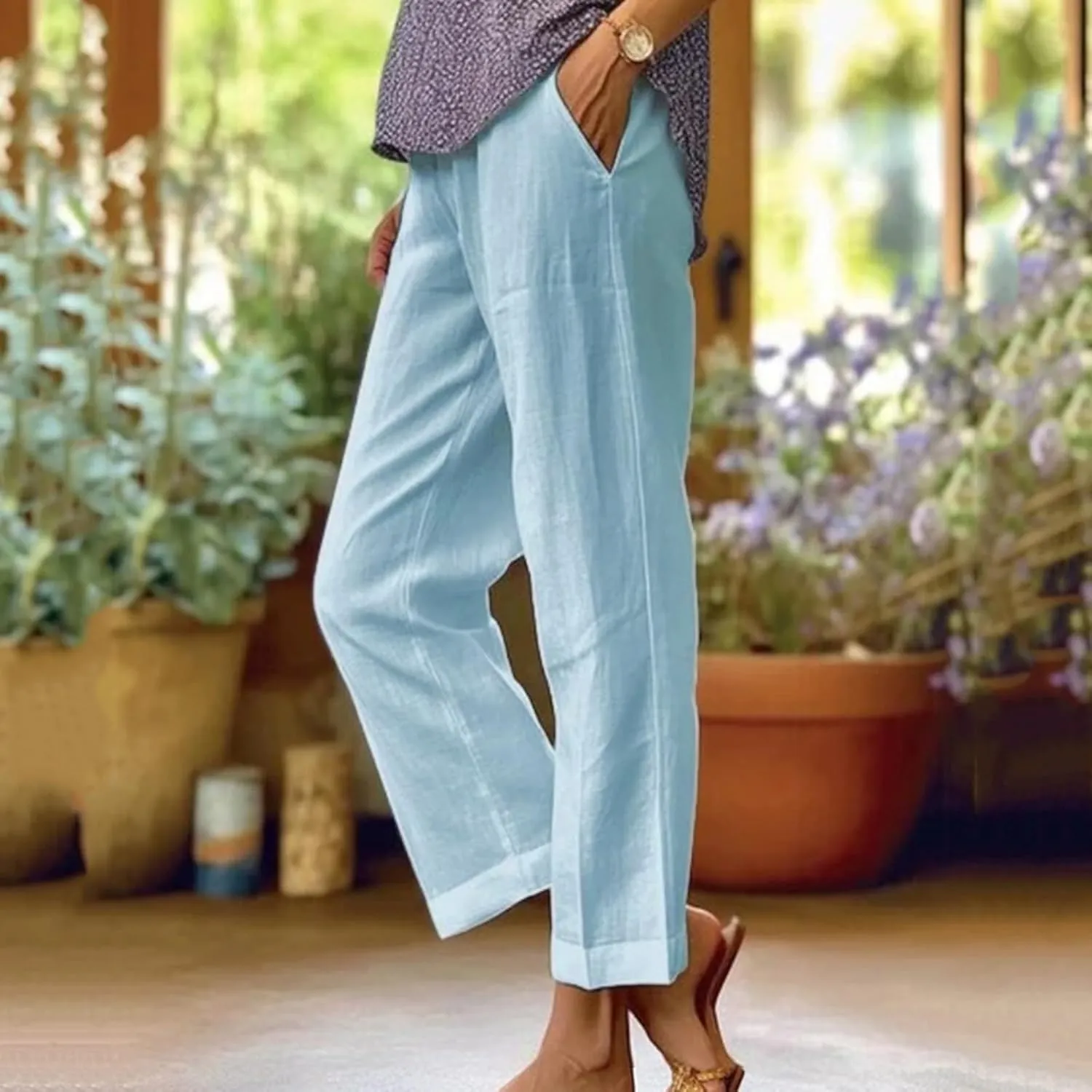 Linen Pants for Women Lightweight Casual Loose High Waist Straight Legs Trousers Summer Beach Yoga Pants with Pockets