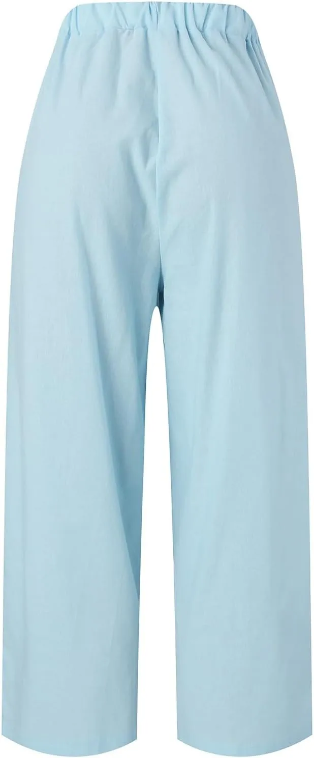 Linen Pants for Women Lightweight Casual Loose High Waist Straight Legs Trousers Summer Beach Yoga Pants with Pockets