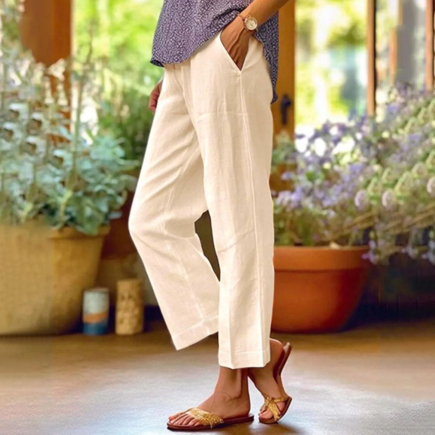 Linen Pants for Women Lightweight Casual Loose High Waist Straight Legs Trousers Summer Beach Yoga Pants with Pockets