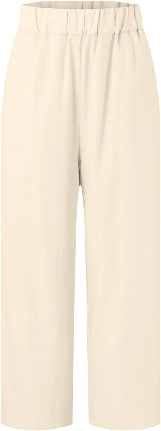 Linen Pants for Women Lightweight Casual Loose High Waist Straight Legs Trousers Summer Beach Yoga Pants with Pockets