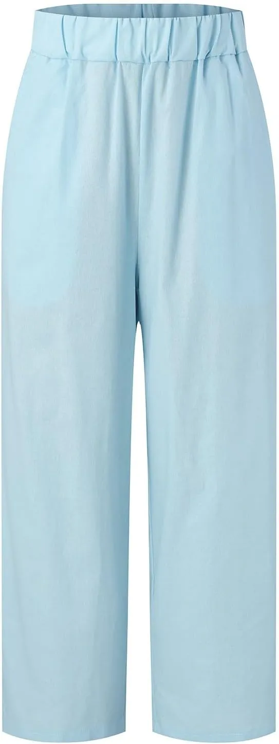 Linen Pants for Women Lightweight Casual Loose High Waist Straight Legs Trousers Summer Beach Yoga Pants with Pockets