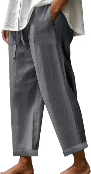 Linen Pants for Women Summer Casual Wide Leg Pants Elastic High Waisted Drawstring Beach Trousers with Pockets