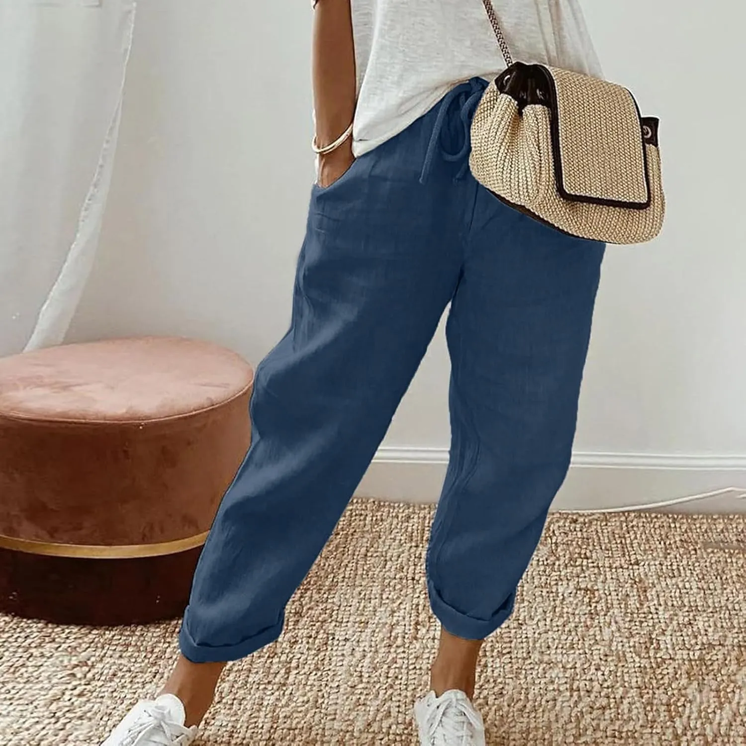 Linen Pants for Women Summer Lightweight High Waist Baggy Pants Loose Fit Comfy Straight Leg Trouser with Pockets