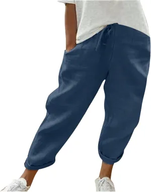 Linen Pants for Women Summer Lightweight High Waist Baggy Pants Loose Fit Comfy Straight Leg Trouser with Pockets