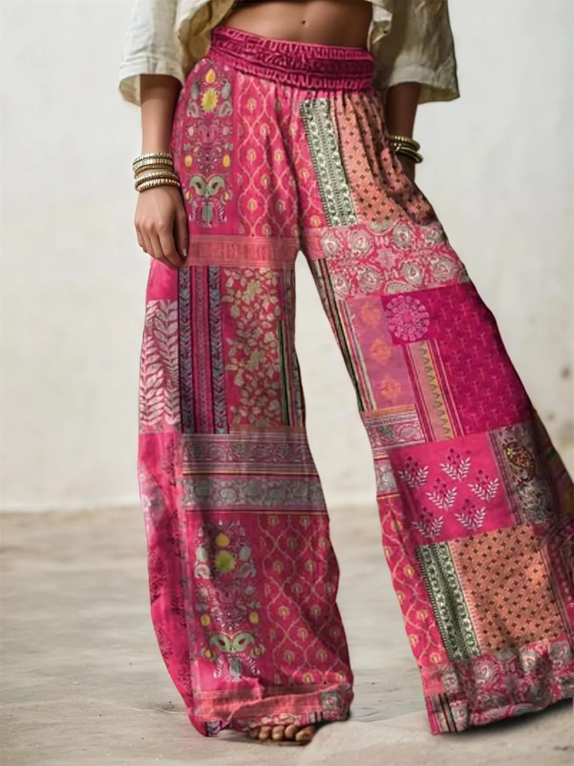 Linen Pants for Women Wide Leg High Elastic Waist Palazzo Pants Floral Summer Flowy Trousers with Pockets