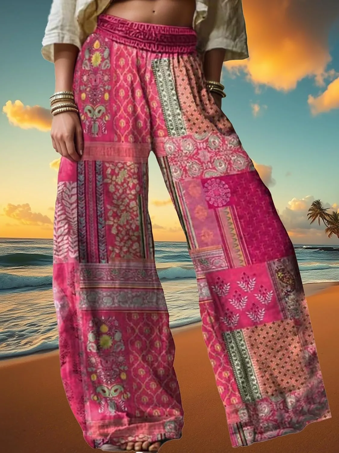 Linen Pants for Women Wide Leg High Elastic Waist Palazzo Pants Floral Summer Flowy Trousers with Pockets