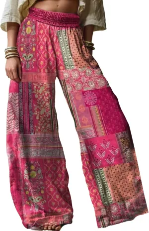 Linen Pants for Women Wide Leg High Elastic Waist Palazzo Pants Floral Summer Flowy Trousers with Pockets