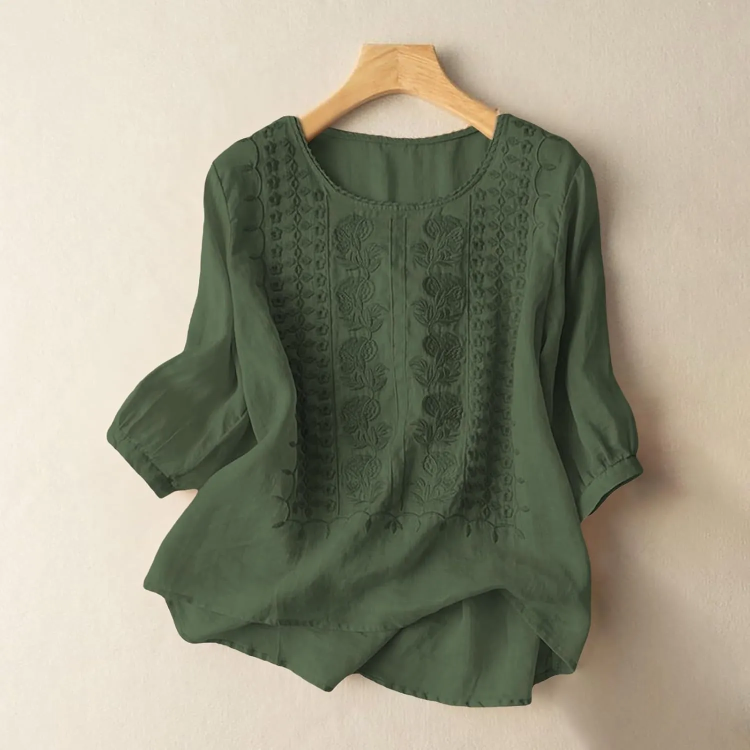 Linen Shirts for Women 2025 Summer Embroidered Trendy Dressy Casual Workout Tops 3/4 Sleeve Plain Lightweight Blouses