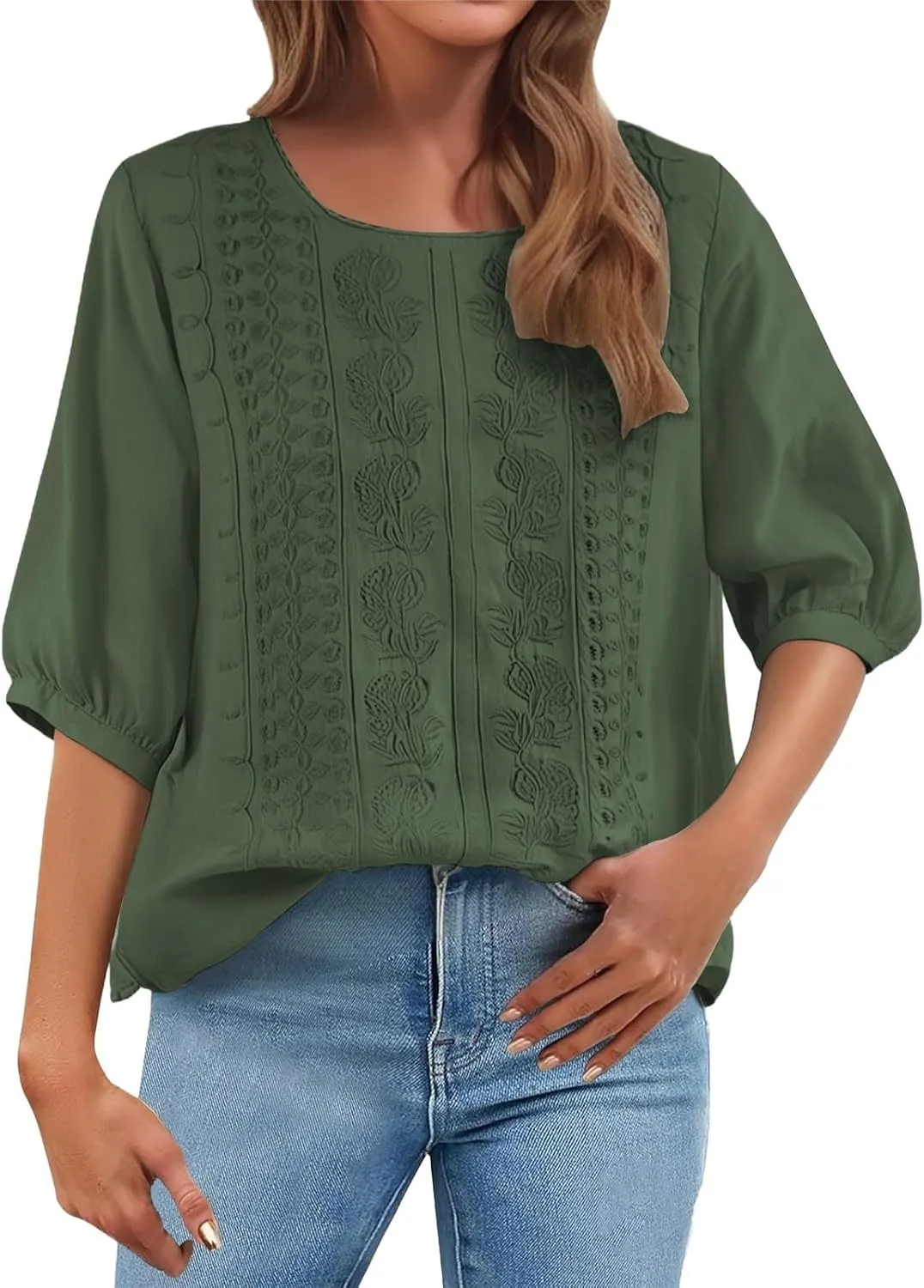 Linen Shirts for Women 2025 Summer Embroidered Trendy Dressy Casual Workout Tops 3/4 Sleeve Plain Lightweight Blouses