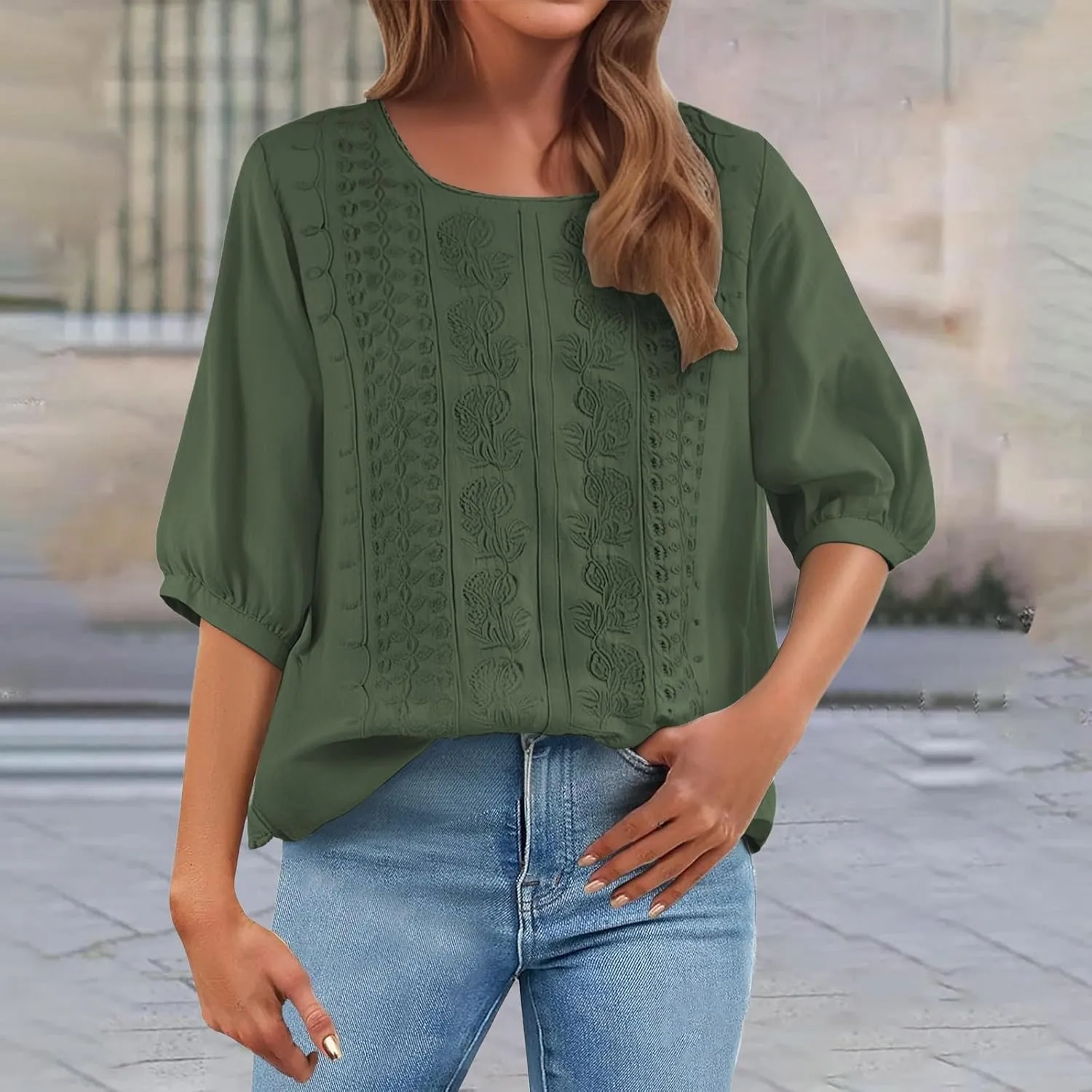 Linen Shirts for Women 2025 Summer Embroidered Trendy Dressy Casual Workout Tops 3/4 Sleeve Plain Lightweight Blouses