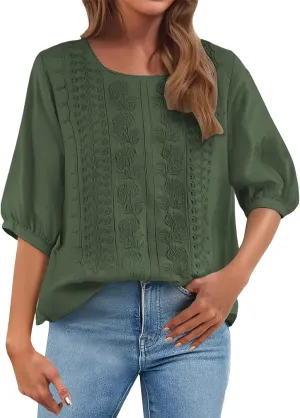 Linen Shirts for Women 2025 Summer Embroidered Trendy Dressy Casual Workout Tops 3/4 Sleeve Plain Lightweight Blouses