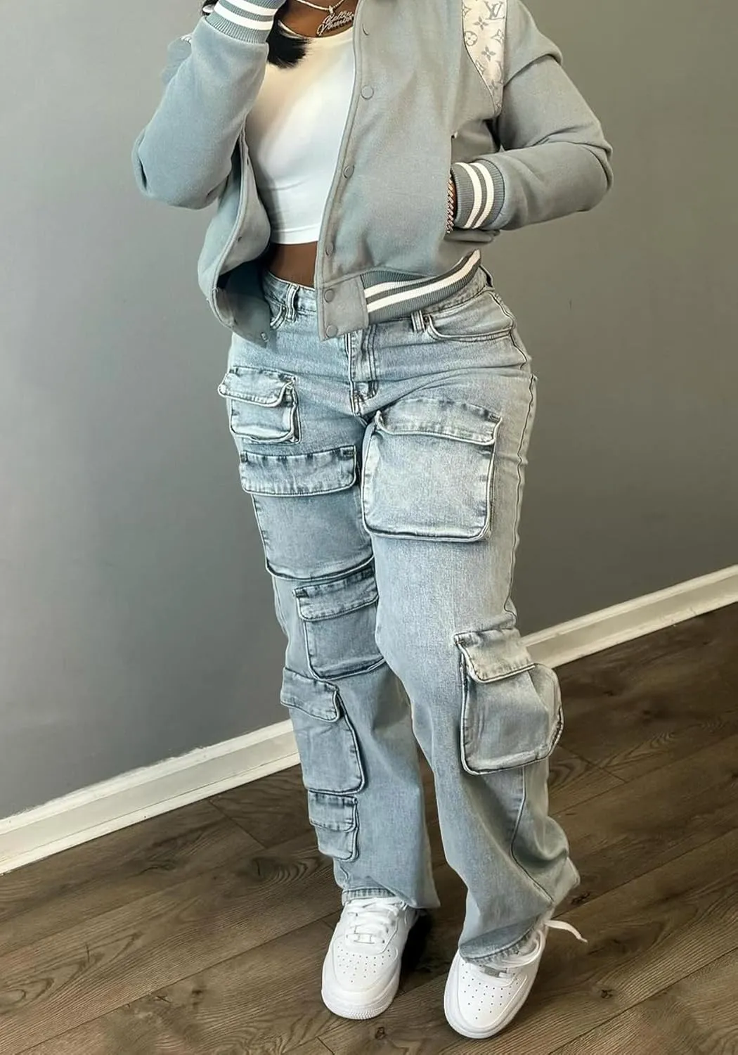 LKOUS Women's High Waist Cargo Jeans,Baggy Y2K Denim Pants with Multi Pockets