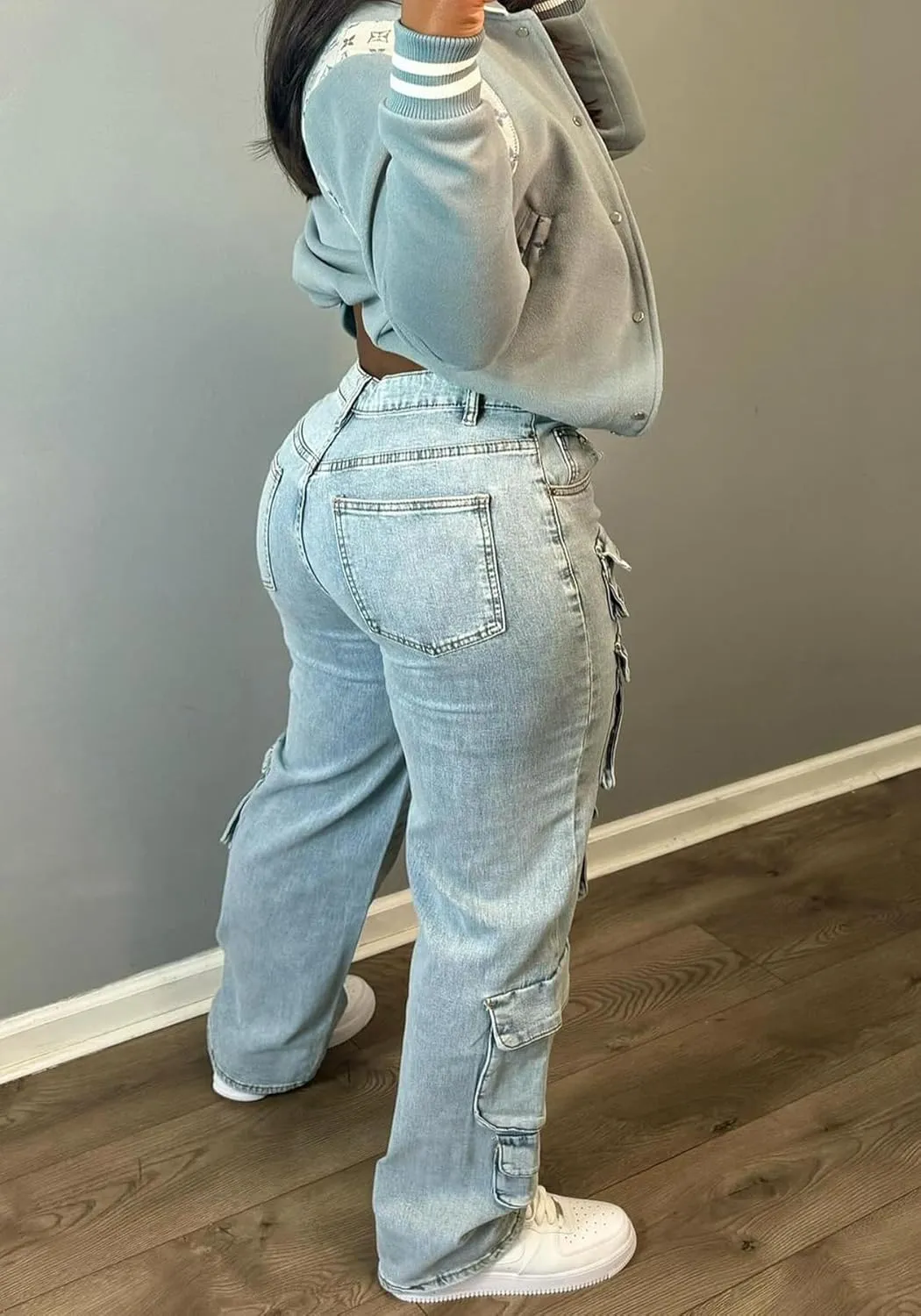 LKOUS Women's High Waist Cargo Jeans,Baggy Y2K Denim Pants with Multi Pockets