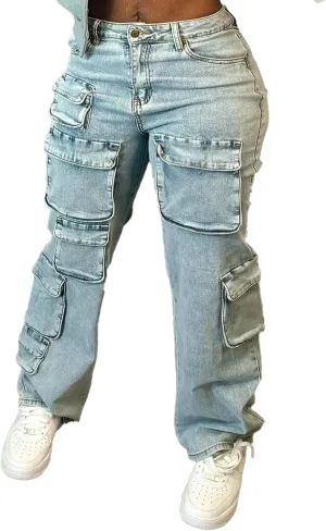LKOUS Women's High Waist Cargo Jeans,Baggy Y2K Denim Pants with Multi Pockets