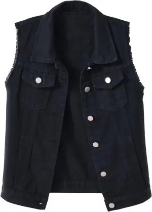 Locachy Women's Casual Denim Vest Jacket Slim Fit Sleeveless Ripped Tops