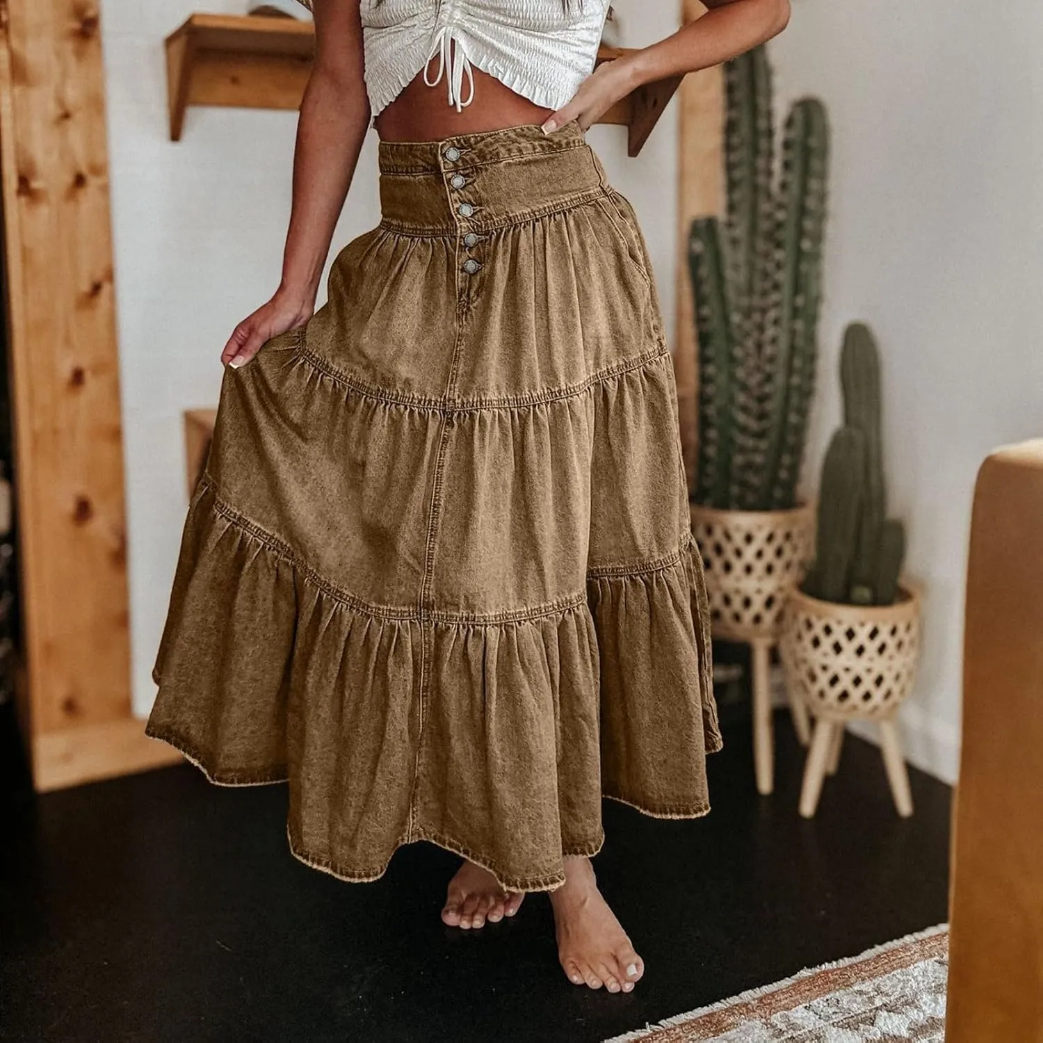Long Denim Skirts for Women,Button Down High Waist Tiered Ruffle Swing A-Line Jean Maxi Skirt with Pockets