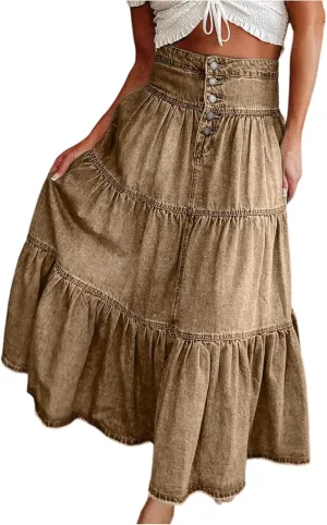 Long Denim Skirts for Women,Button Down High Waist Tiered Ruffle Swing A-Line Jean Maxi Skirt with Pockets