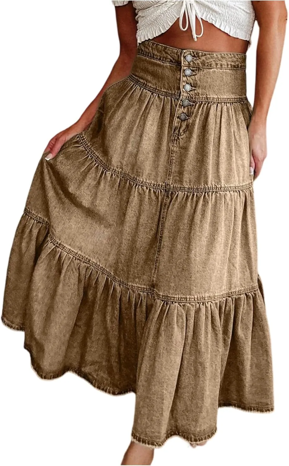 Long Denim Skirts for Women,Button Down High Waist Tiered Ruffle Swing A-Line Jean Maxi Skirt with Pockets