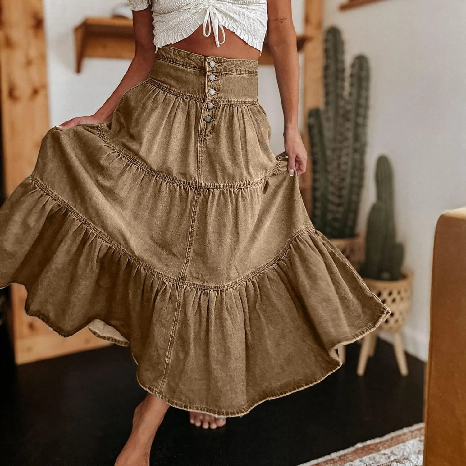 Long Denim Skirts for Women,Button Down High Waist Tiered Ruffle Swing A-Line Jean Maxi Skirt with Pockets