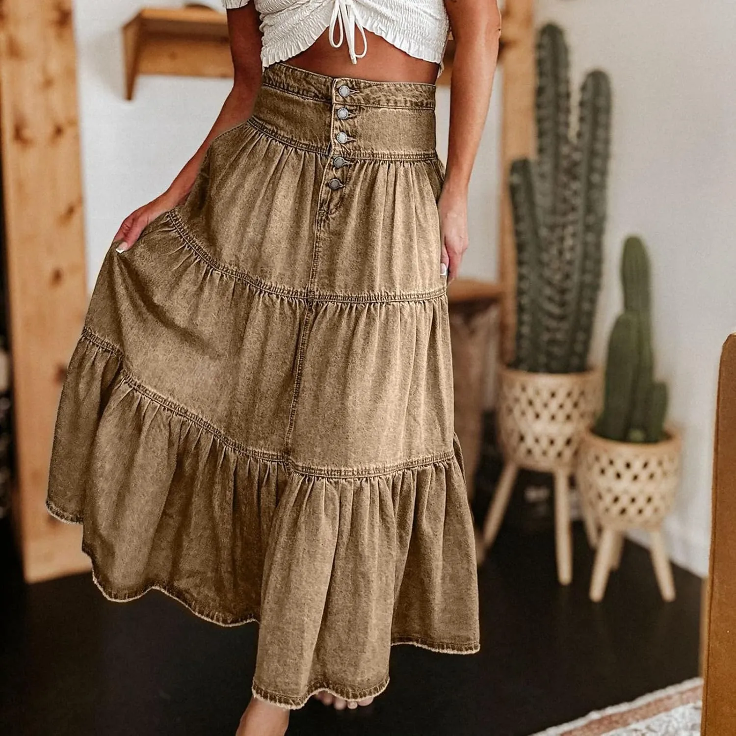Long Denim Skirts for Women,Button Down High Waist Tiered Ruffle Swing A-Line Jean Maxi Skirt with Pockets