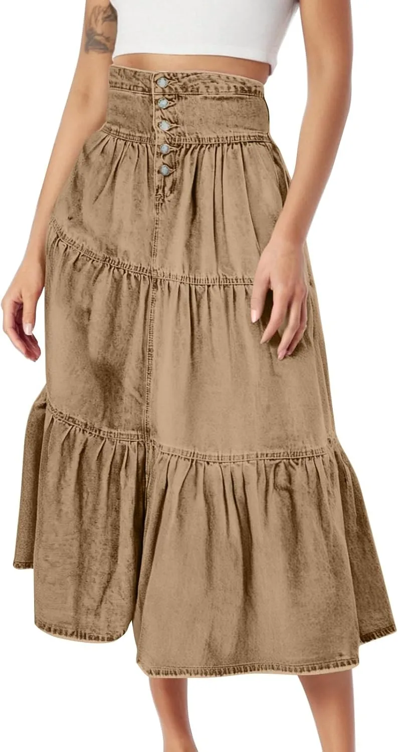 Long Denim Skirts for Women,Button Down High Waist Tiered Ruffle Swing A-Line Jean Maxi Skirt with Pockets
