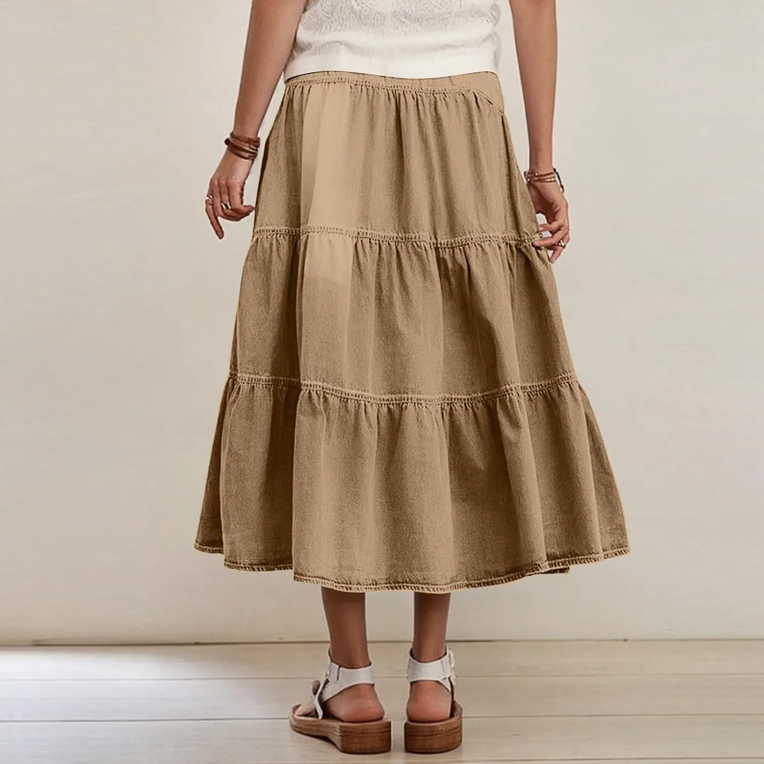 Long Denim Skirts for Women,Button Down High Waist Tiered Ruffle Swing A-Line Jean Maxi Skirt with Pockets