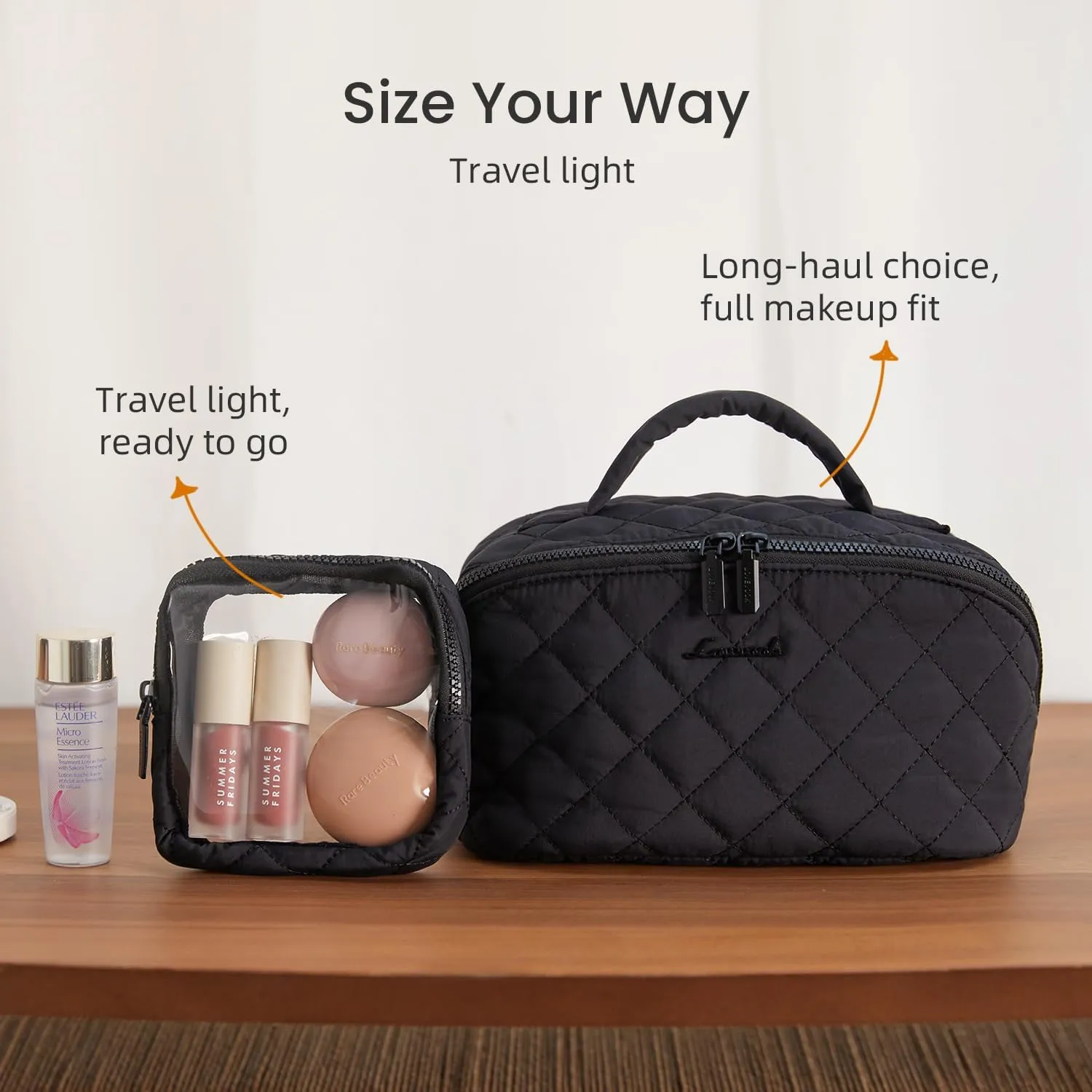 LOVEVOOK Travel Makeup Bag for Women, 2Pcs Set Puffer Waterproof Cosmetic Organizer, Large Capacity Pouch Open Flat Toiletry Bag with Divider & Handle, Portable Gift for Her, Black
