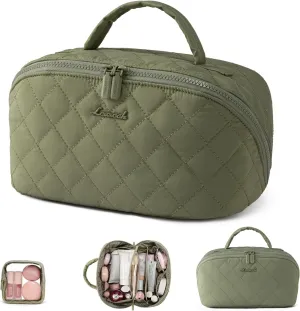 LOVEVOOK Travel Makeup Bag for Women, 2Pcs Set Puffer Waterproof Cosmetic Organizer, Large Capacity Pouch Open Flat Toiletry Bag with Divider & Handle, Portable Gift for Her, Green