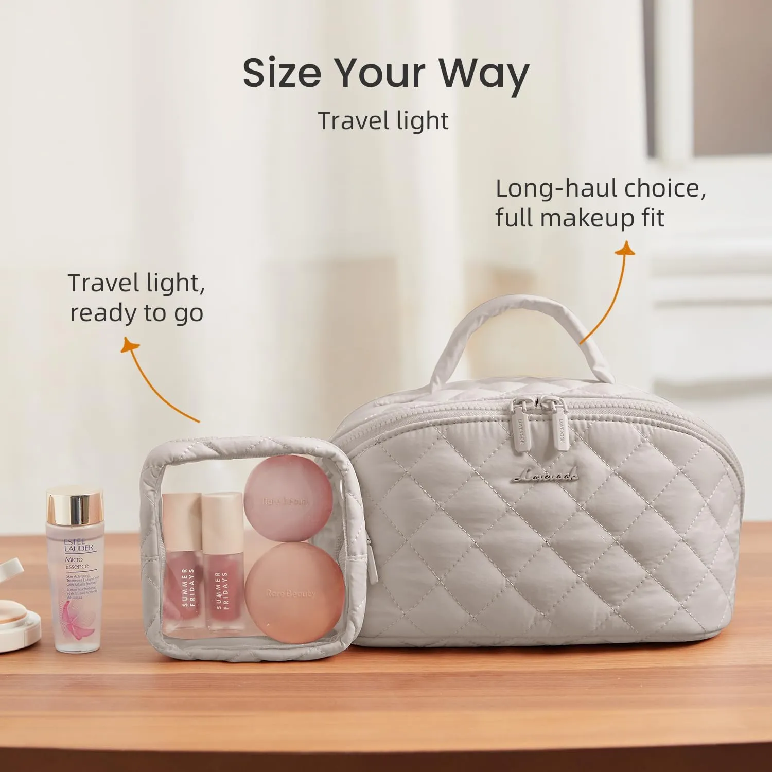 LOVEVOOK Travel Makeup Bag for Women, 2Pcs Set Puffer Waterproof Cosmetic Organizer, Large Capacity Pouch Open Flat Toiletry Bag with Divider & Handle, Portable Gift for Her