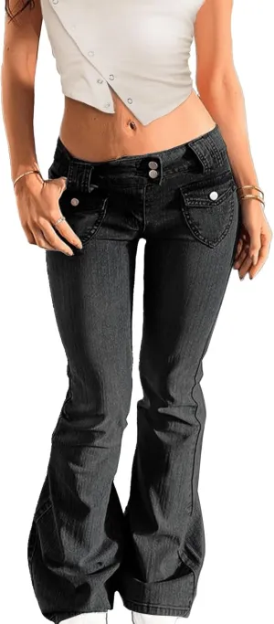Low Rise Flare Jeans for Women Baggy Y2K Stretchy Bell Bottom Denim Pants 90s Vintage Washed Jeans with Pockets