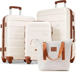 Luggage Sets 4 Piece, Expandable ABS Carry On Suitcase Set with Spinner Wheels, Travel Bag, Ivory and Brown