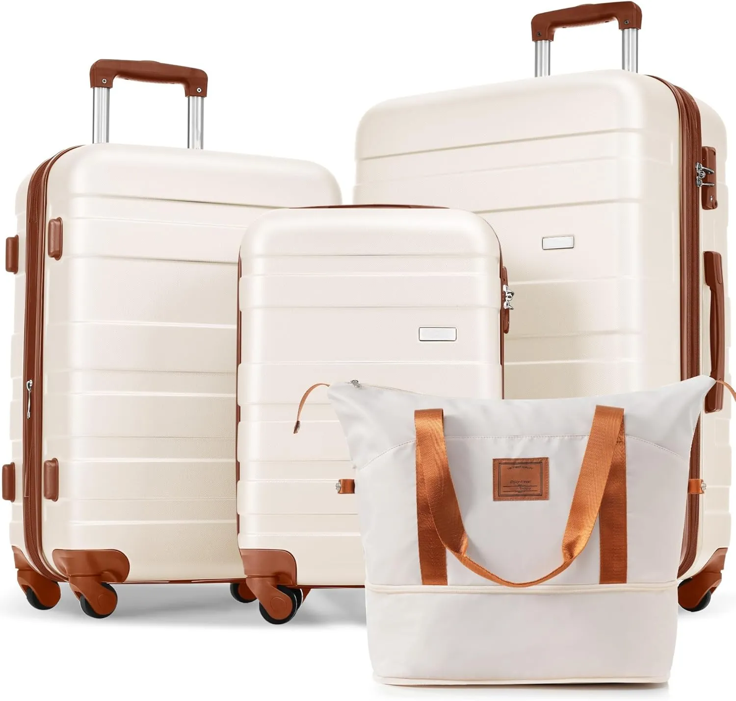 Luggage Sets 4 Piece, Expandable ABS Carry On Suitcase Set with Spinner Wheels, Travel Bag, Ivory and Brown