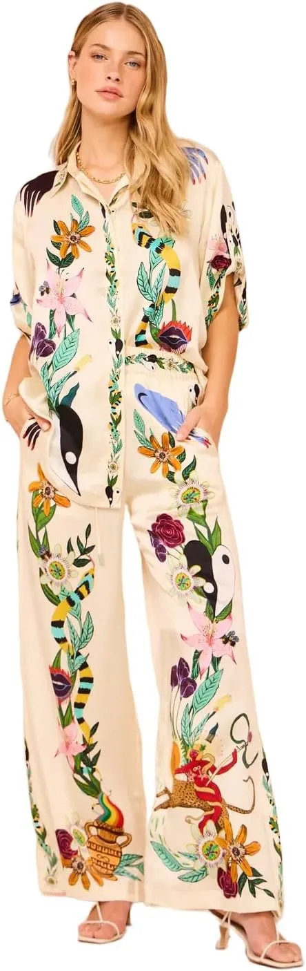 LUTTY Womens Graffiti Button Down Pajamas Y2k Print Pajama Sets Short Sleeve Button Shirt Wide Leg Long Pants Loungewear