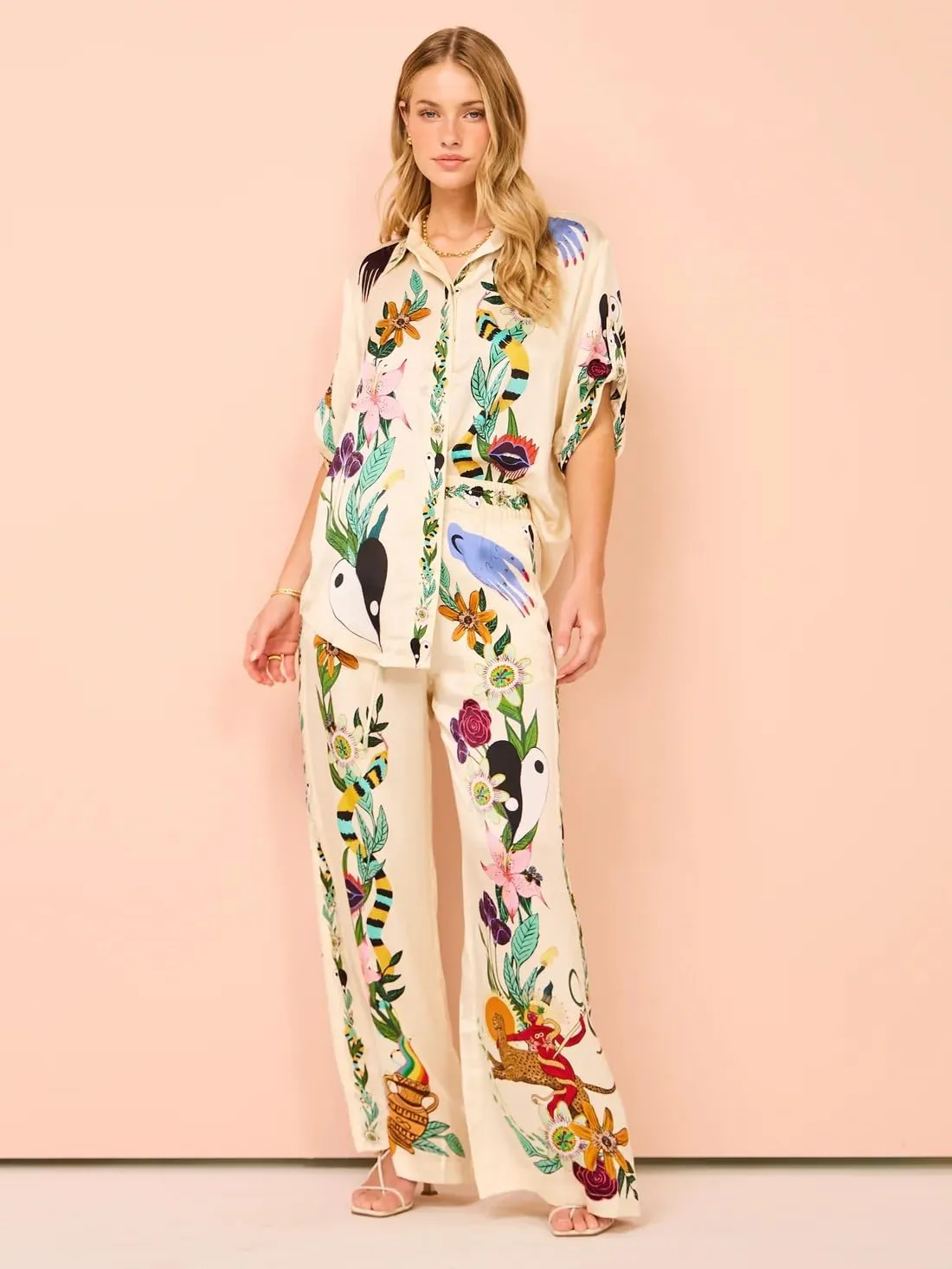 LUTTY Womens Graffiti Button Down Pajamas Y2k Print Pajama Sets Short Sleeve Button Shirt Wide Leg Long Pants Loungewear