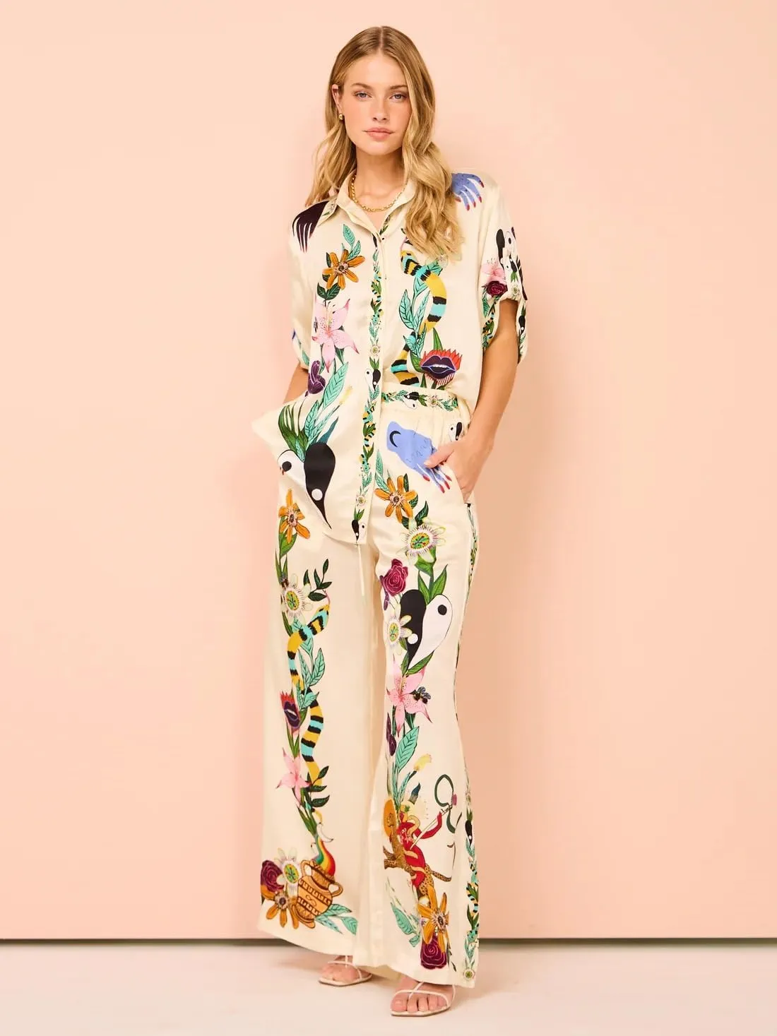 LUTTY Womens Graffiti Button Down Pajamas Y2k Print Pajama Sets Short Sleeve Button Shirt Wide Leg Long Pants Loungewear