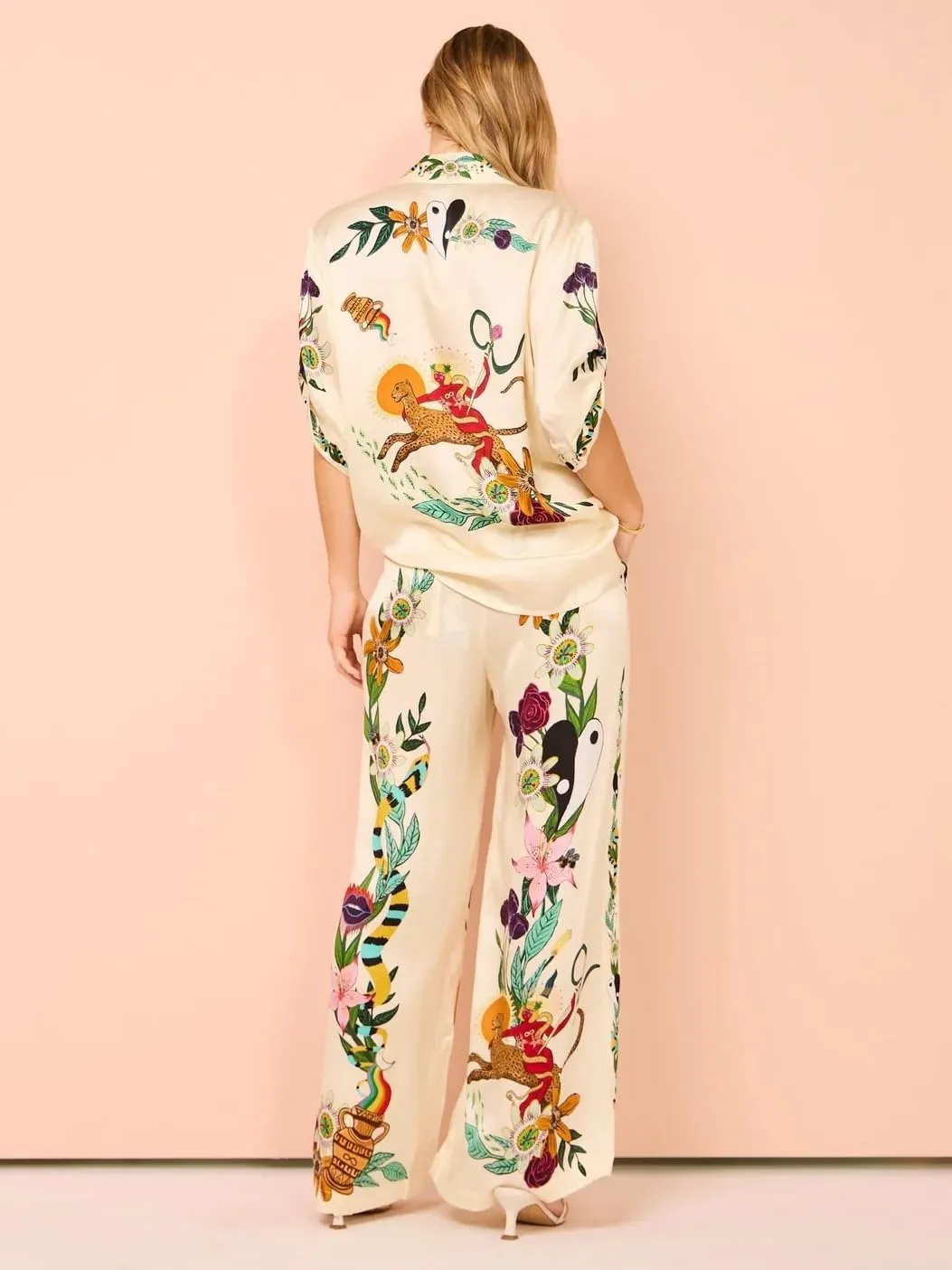 LUTTY Womens Graffiti Button Down Pajamas Y2k Print Pajama Sets Short Sleeve Button Shirt Wide Leg Long Pants Loungewear
