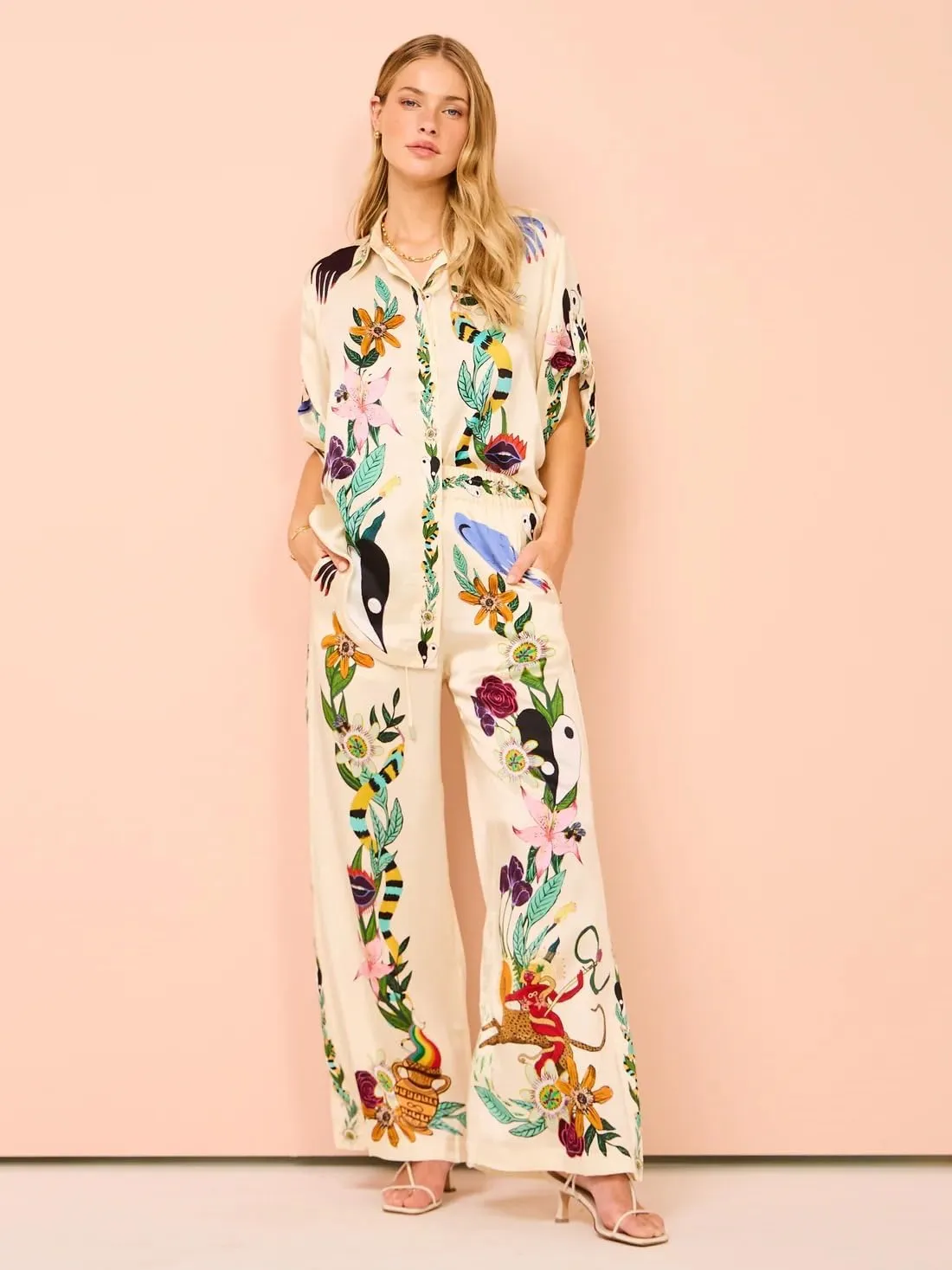 LUTTY Womens Graffiti Button Down Pajamas Y2k Print Pajama Sets Short Sleeve Button Shirt Wide Leg Long Pants Loungewear