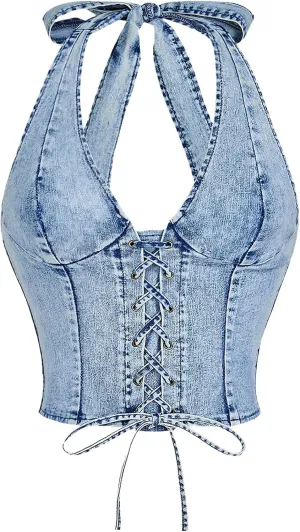 MakeMeChic Women's Y2K Denim Vest Tops Sleeveless Shirred Lace Up Tie Backless Halter Jean Top