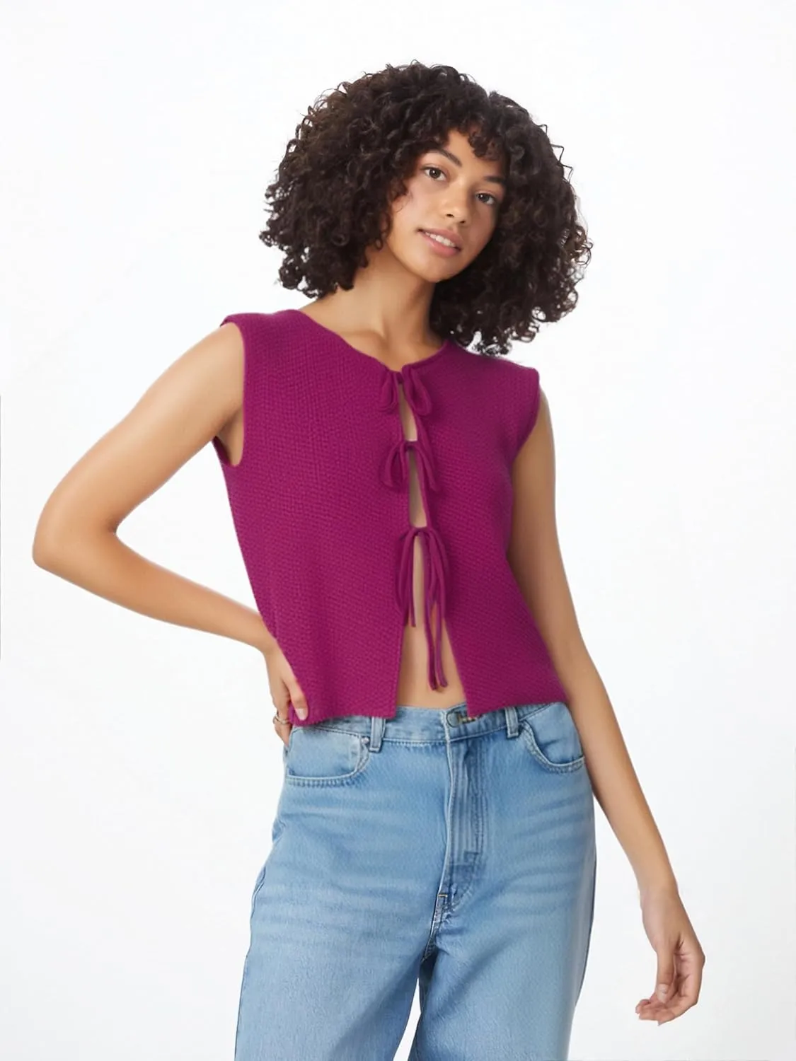 Mansy Women Tie Front Vest Top Y2k Knit V Neck Sleeveless Crop Sweater Tank Vintage Casual Streetwear