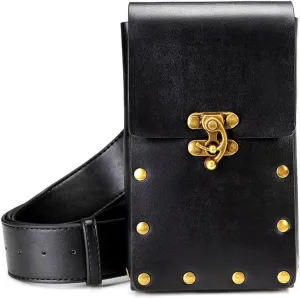 Medieval Belt Pouch for Women - Vintage Leather Waist Bag with Detachable Strap, Steampunk Renaissance Fanny Pack Cellphone Holder, Festival Costume Accessories (6.5"x4.1") (black)