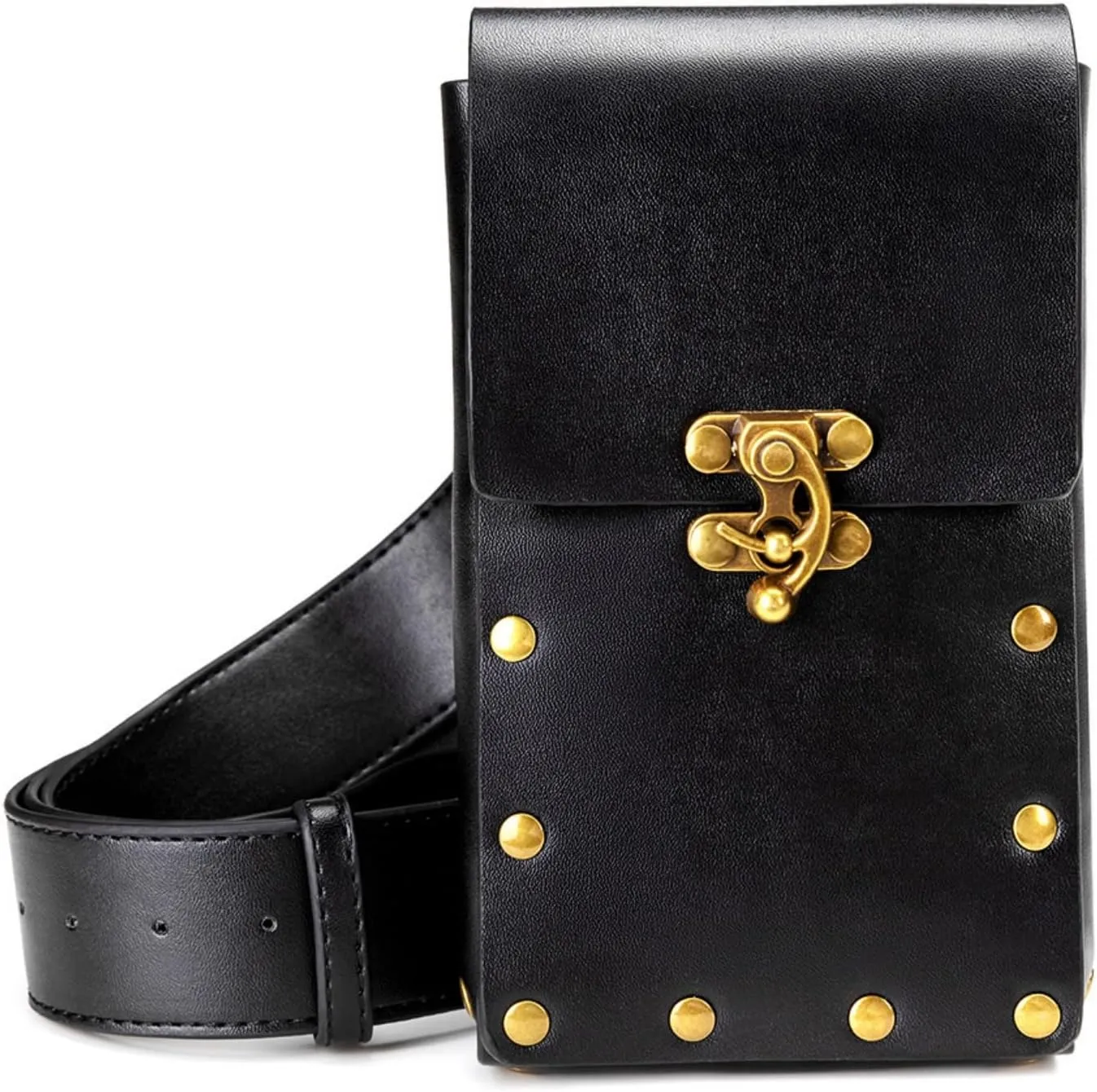 Medieval Belt Pouch for Women - Vintage Leather Waist Bag with Detachable Strap, Steampunk Renaissance Fanny Pack Cellphone Holder, Festival Costume Accessories (6.5"x4.1") (black)