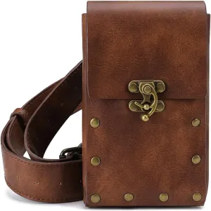 Medieval Belt Pouch for Women - Vintage Leather Waist Bag with Detachable Strap, Steampunk Renaissance Fanny Pack Cellphone Holder, Festival Costume Accessories (6.5"x4.1") (brown)