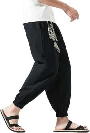 Men Chinese Style Embroidery Kung Fu Harem Pants Male Japanese Sports Casual Trousers