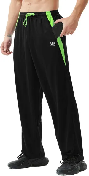 Mens Athletic Pants with Zipper Pockets Open Bottom Lightweight Sweatpants, for Workout, Running, Gym, Training
