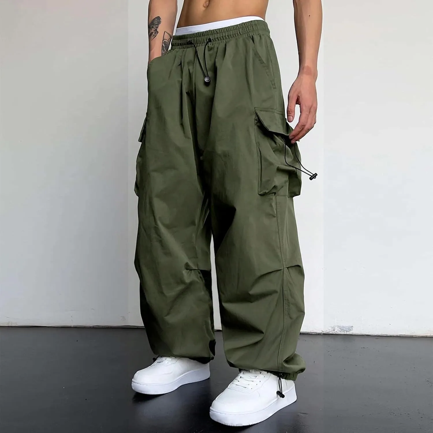 Mens Baggy Cargo Pants, Parachute Pants Causal Loose Fit Joggers, Trendy Harem Pants, Hip Hop Streetwear with Pockets