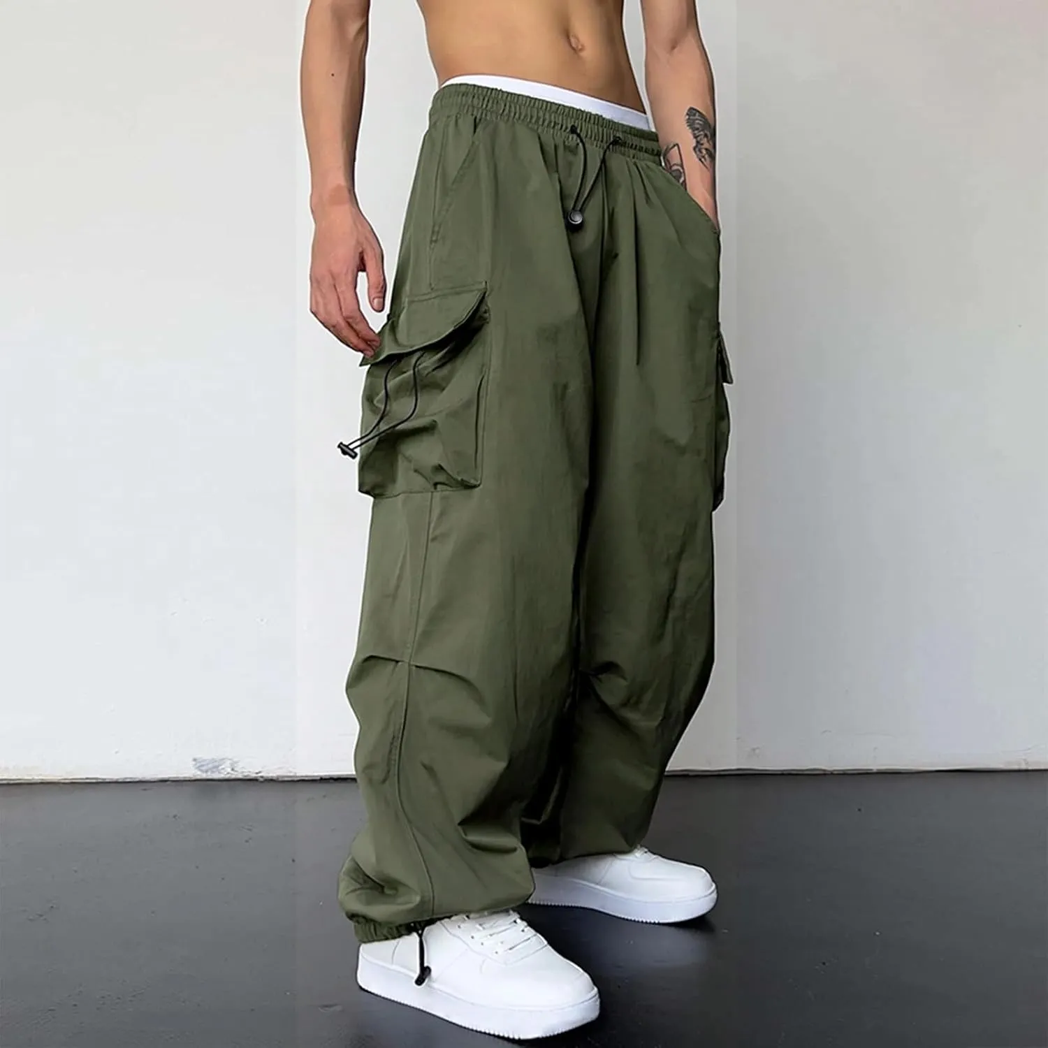 Mens Baggy Cargo Pants, Parachute Pants Causal Loose Fit Joggers, Trendy Harem Pants, Hip Hop Streetwear with Pockets